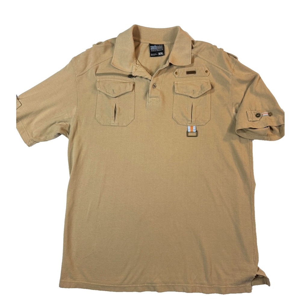 Southpole Y2K Polo Shirt Mens XXL Tan‎ Utility Military Pocket Streetwear Urban